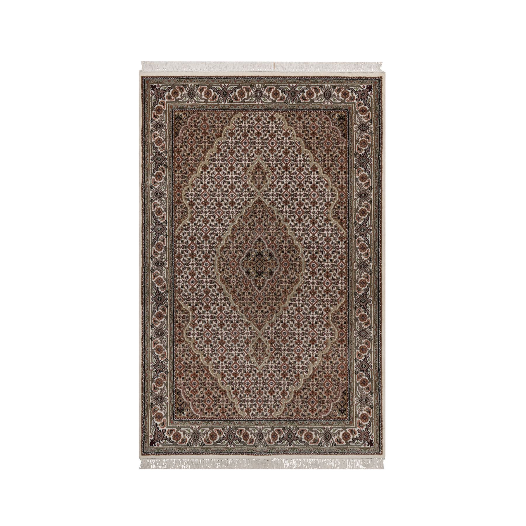 Pearl White, 175 KPSI, Tabriz Mahi with Fish Medallion Design, 100% Wool, Hand Knotted, Oriental Rug